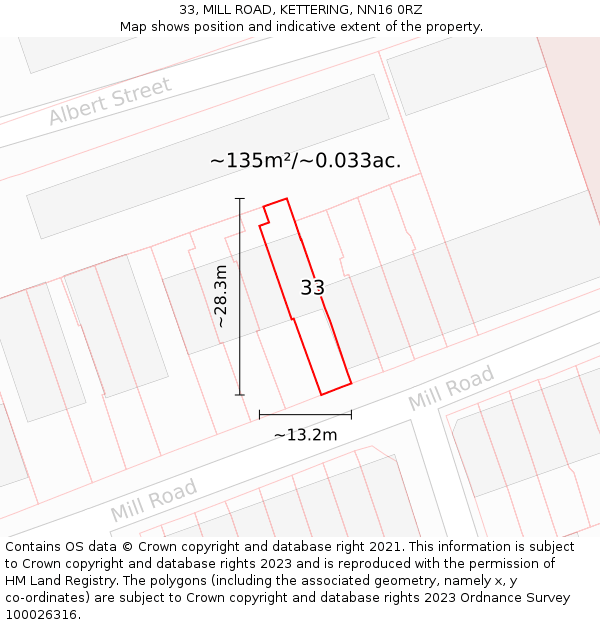 33, MILL ROAD, KETTERING, NN16 0RZ: Plot and title map
