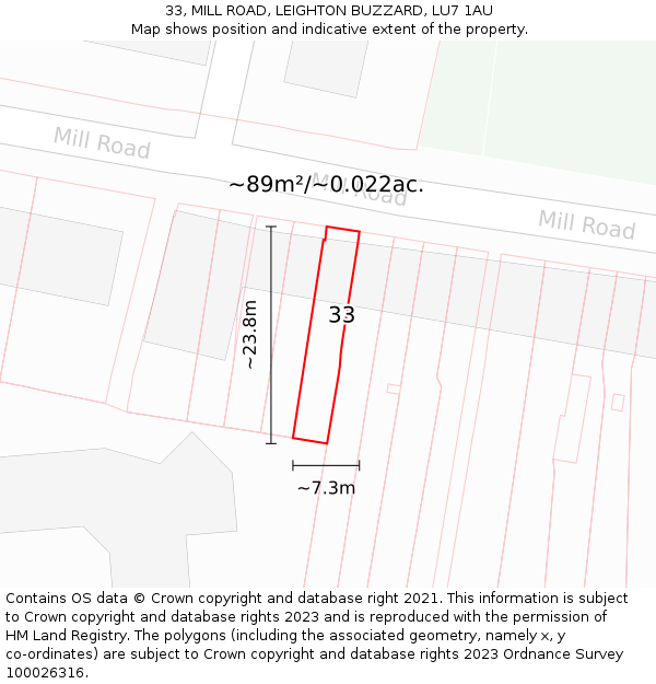 33, MILL ROAD, LEIGHTON BUZZARD, LU7 1AU: Plot and title map