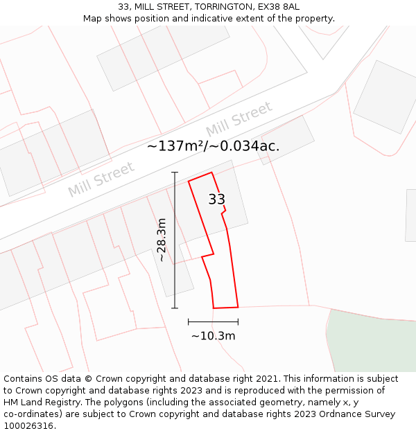 33, MILL STREET, TORRINGTON, EX38 8AL: Plot and title map