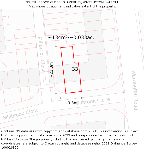 33, MILLBROOK CLOSE, GLAZEBURY, WARRINGTON, WA3 5LT: Plot and title map