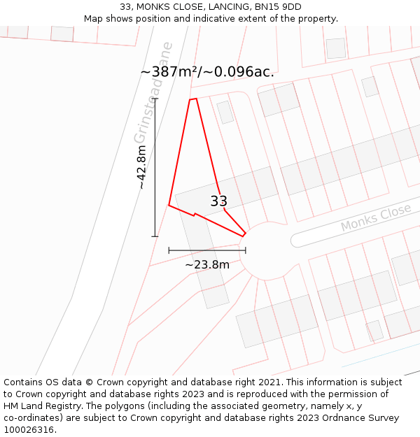 33, MONKS CLOSE, LANCING, BN15 9DD: Plot and title map