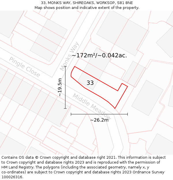 33, MONKS WAY, SHIREOAKS, WORKSOP, S81 8NE: Plot and title map