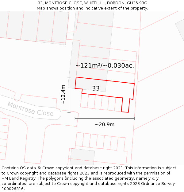 33, MONTROSE CLOSE, WHITEHILL, BORDON, GU35 9RG: Plot and title map