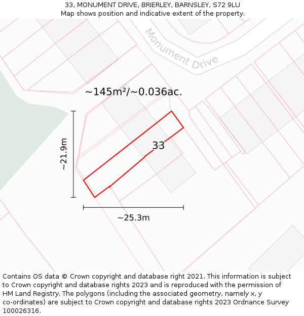 33, MONUMENT DRIVE, BRIERLEY, BARNSLEY, S72 9LU: Plot and title map