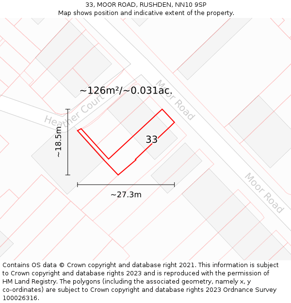 33, MOOR ROAD, RUSHDEN, NN10 9SP: Plot and title map