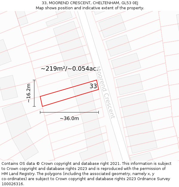 33, MOOREND CRESCENT, CHELTENHAM, GL53 0EJ: Plot and title map