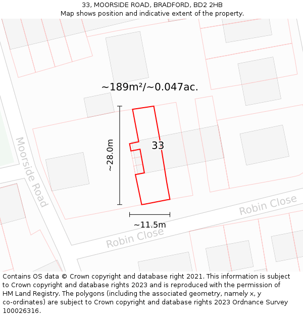 33, MOORSIDE ROAD, BRADFORD, BD2 2HB: Plot and title map