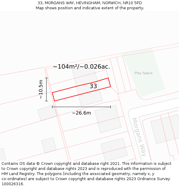 33, MORGANS WAY, HEVINGHAM, NORWICH, NR10 5PD: Plot and title map