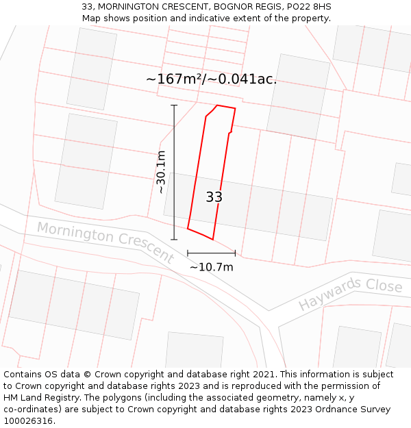 33, MORNINGTON CRESCENT, BOGNOR REGIS, PO22 8HS: Plot and title map