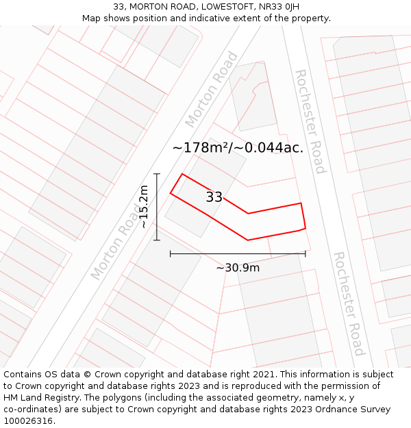 33, MORTON ROAD, LOWESTOFT, NR33 0JH: Plot and title map