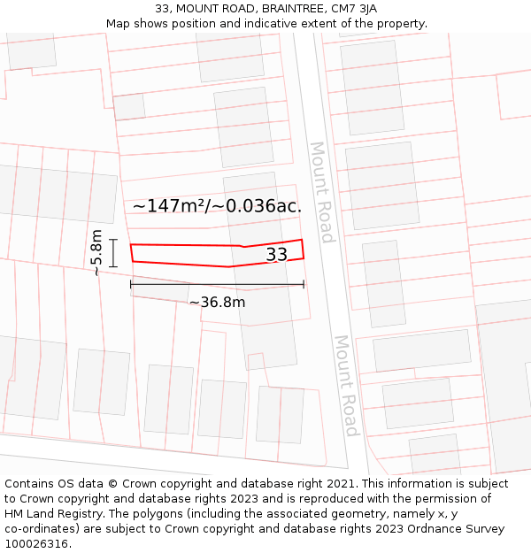 33, MOUNT ROAD, BRAINTREE, CM7 3JA: Plot and title map