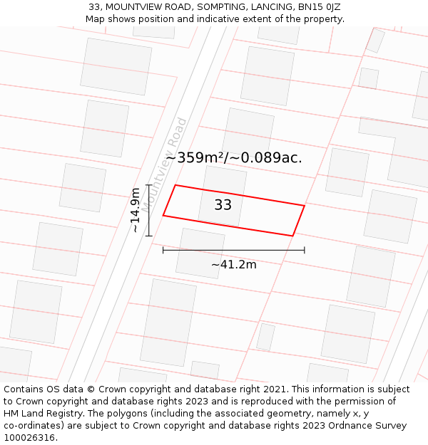 33, MOUNTVIEW ROAD, SOMPTING, LANCING, BN15 0JZ: Plot and title map