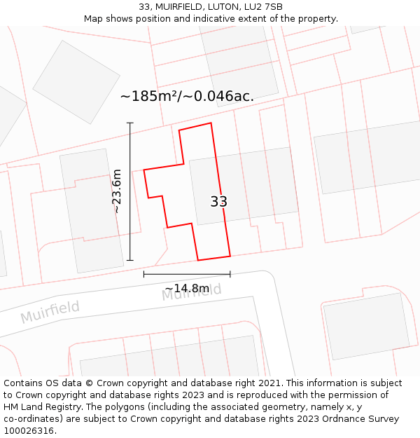 33, MUIRFIELD, LUTON, LU2 7SB: Plot and title map