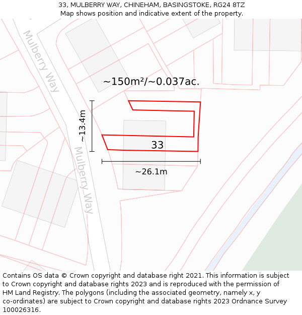 33, MULBERRY WAY, CHINEHAM, BASINGSTOKE, RG24 8TZ: Plot and title map