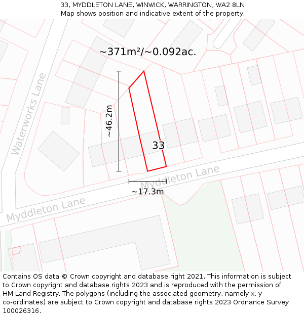 33, MYDDLETON LANE, WINWICK, WARRINGTON, WA2 8LN: Plot and title map