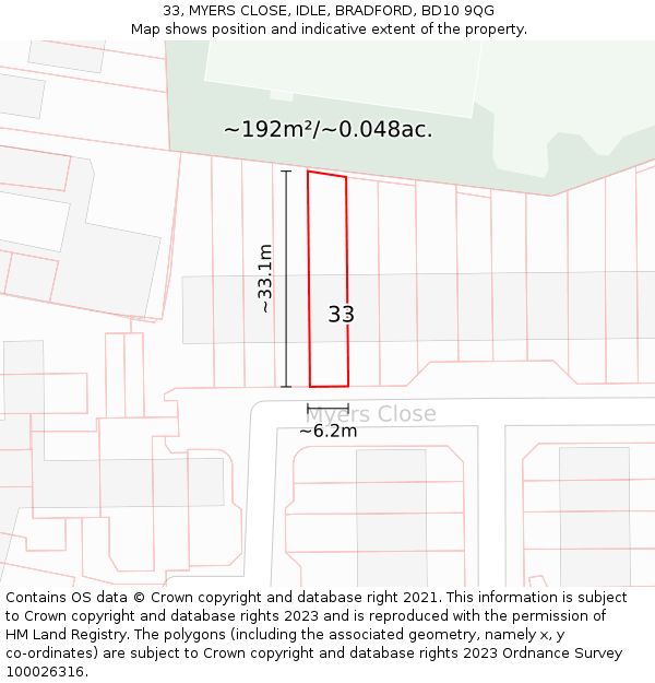 33, MYERS CLOSE, IDLE, BRADFORD, BD10 9QG: Plot and title map