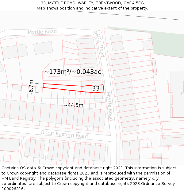 33, MYRTLE ROAD, WARLEY, BRENTWOOD, CM14 5EG: Plot and title map