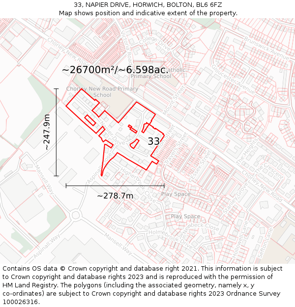 33, NAPIER DRIVE, HORWICH, BOLTON, BL6 6FZ: Plot and title map