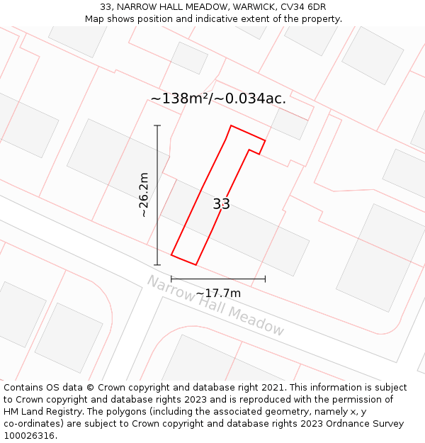 33, NARROW HALL MEADOW, WARWICK, CV34 6DR: Plot and title map