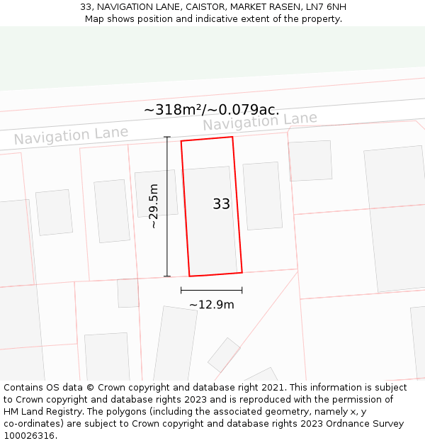 33, NAVIGATION LANE, CAISTOR, MARKET RASEN, LN7 6NH: Plot and title map
