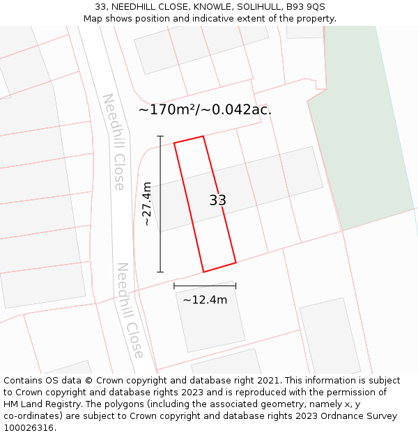 33, NEEDHILL CLOSE, KNOWLE, SOLIHULL, B93 9QS: Plot and title map