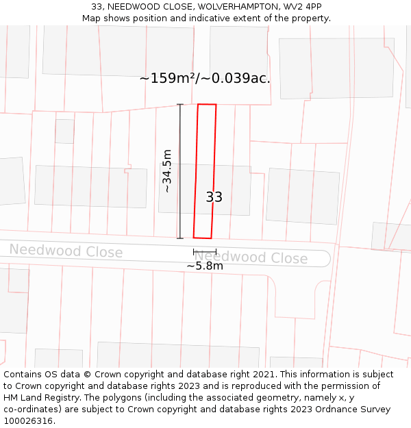 33, NEEDWOOD CLOSE, WOLVERHAMPTON, WV2 4PP: Plot and title map