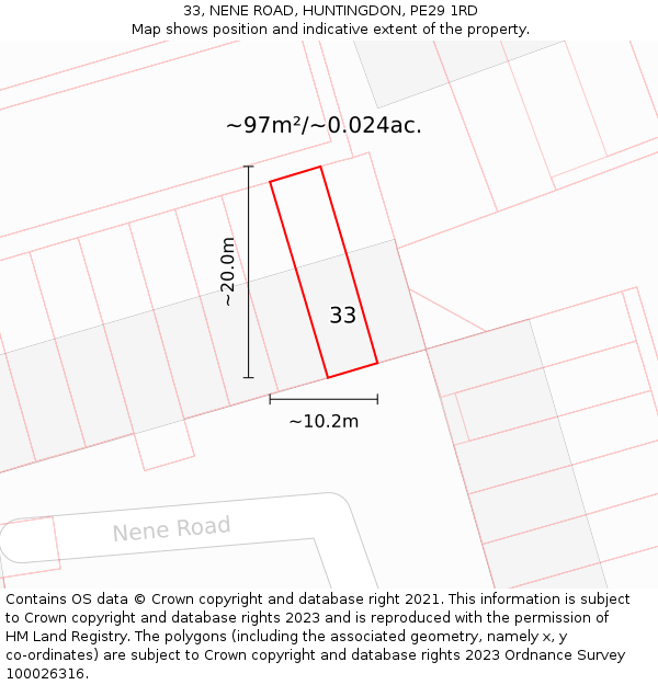 33, NENE ROAD, HUNTINGDON, PE29 1RD: Plot and title map