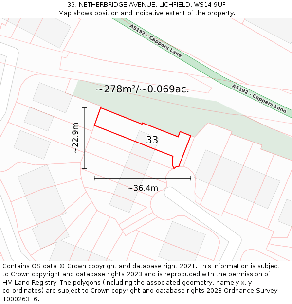 33, NETHERBRIDGE AVENUE, LICHFIELD, WS14 9UF: Plot and title map