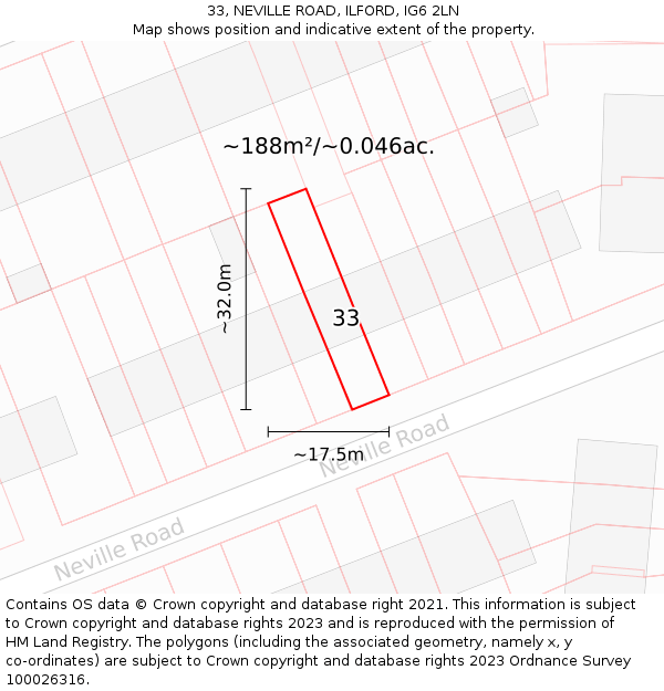 33, NEVILLE ROAD, ILFORD, IG6 2LN: Plot and title map