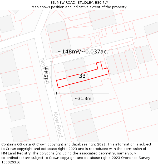 33, NEW ROAD, STUDLEY, B80 7LY: Plot and title map
