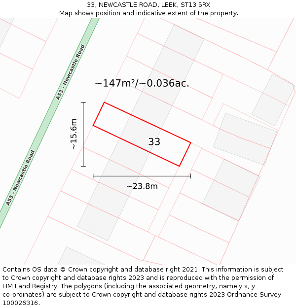 33, NEWCASTLE ROAD, LEEK, ST13 5RX: Plot and title map