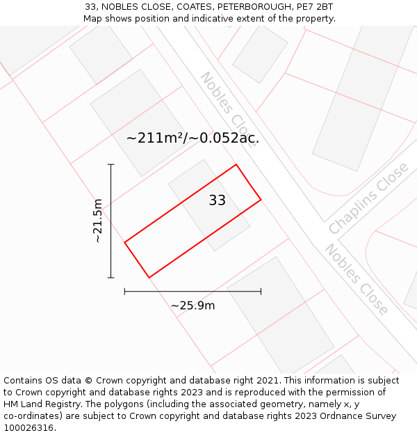 33, NOBLES CLOSE, COATES, PETERBOROUGH, PE7 2BT: Plot and title map