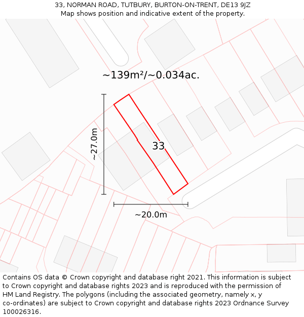 33, NORMAN ROAD, TUTBURY, BURTON-ON-TRENT, DE13 9JZ: Plot and title map