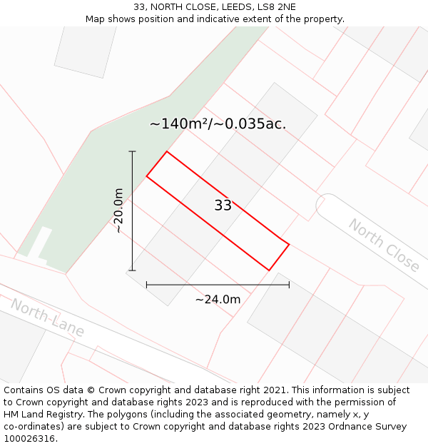 33, NORTH CLOSE, LEEDS, LS8 2NE: Plot and title map