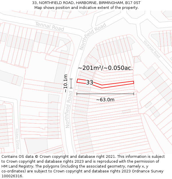 33, NORTHFIELD ROAD, HARBORNE, BIRMINGHAM, B17 0ST: Plot and title map