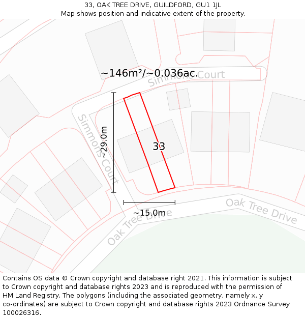 33, OAK TREE DRIVE, GUILDFORD, GU1 1JL: Plot and title map