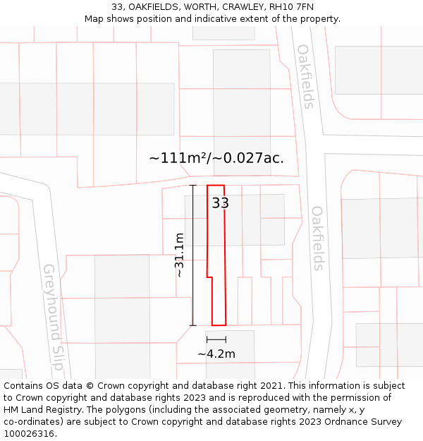 33, OAKFIELDS, WORTH, CRAWLEY, RH10 7FN: Plot and title map