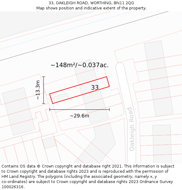 33, OAKLEIGH ROAD, WORTHING, BN11 2QG: Plot and title map