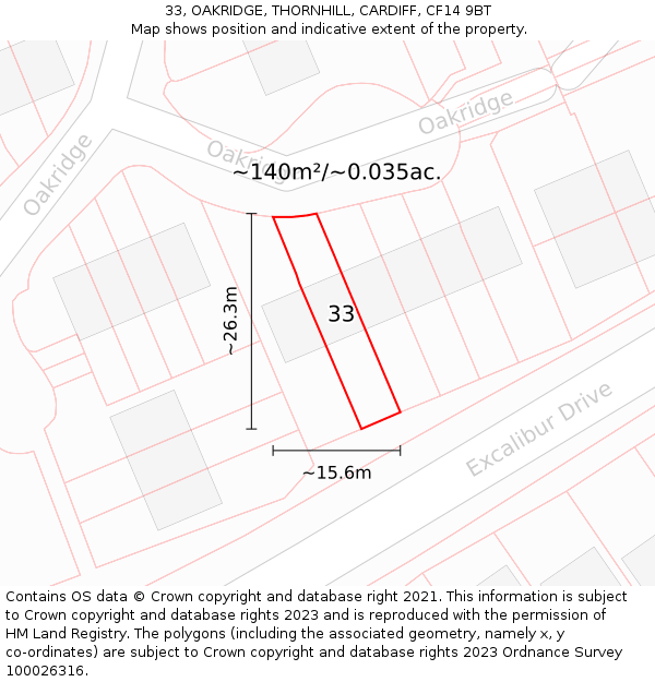 33, OAKRIDGE, THORNHILL, CARDIFF, CF14 9BT: Plot and title map