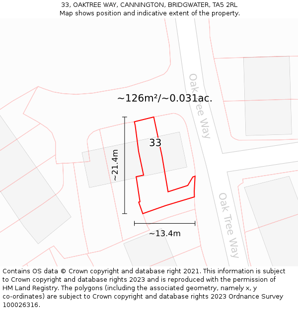 33, OAKTREE WAY, CANNINGTON, BRIDGWATER, TA5 2RL: Plot and title map