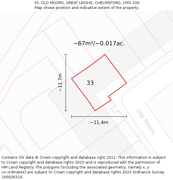 33, OLD MOORS, GREAT LEIGHS, CHELMSFORD, CM3 1GX: Plot and title map
