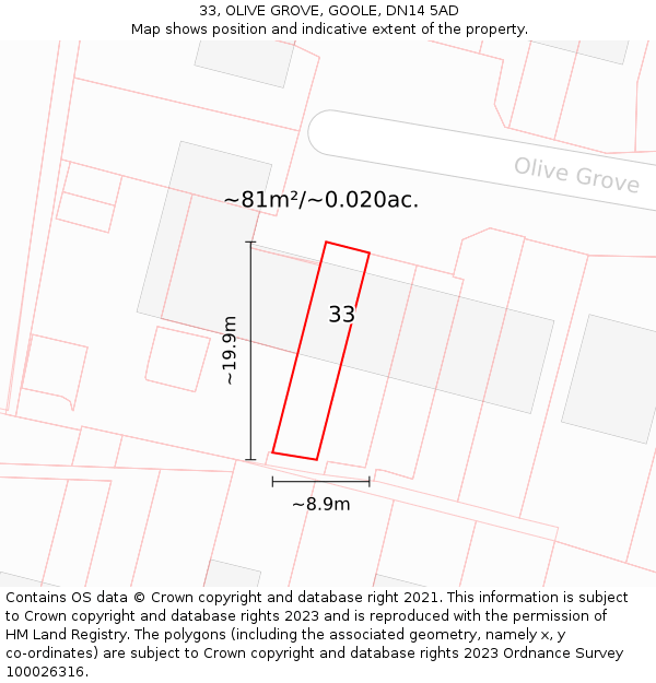 33, OLIVE GROVE, GOOLE, DN14 5AD: Plot and title map