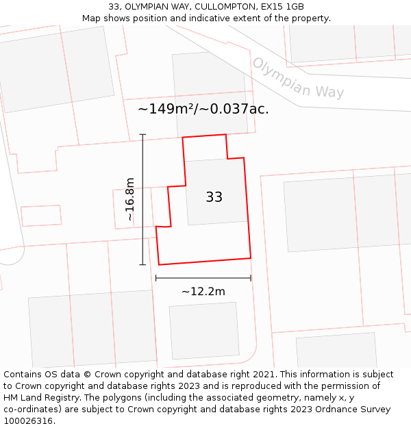 33, OLYMPIAN WAY, CULLOMPTON, EX15 1GB: Plot and title map