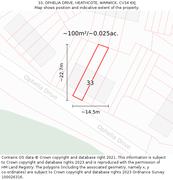 33, OPHELIA DRIVE, HEATHCOTE, WARWICK, CV34 6XJ: Plot and title map