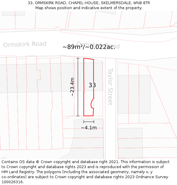 33, ORMSKIRK ROAD, CHAPEL HOUSE, SKELMERSDALE, WN8 8TR: Plot and title map