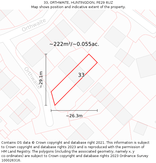 33, ORTHWAITE, HUNTINGDON, PE29 6UZ: Plot and title map