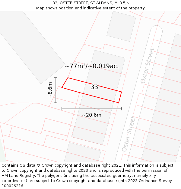 33, OSTER STREET, ST ALBANS, AL3 5JN: Plot and title map