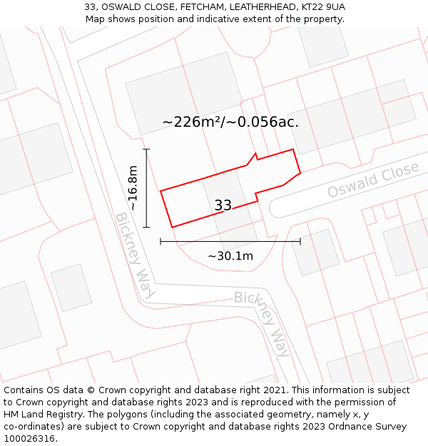 33, OSWALD CLOSE, FETCHAM, LEATHERHEAD, KT22 9UA: Plot and title map
