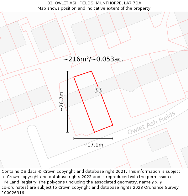 33, OWLET ASH FIELDS, MILNTHORPE, LA7 7DA: Plot and title map
