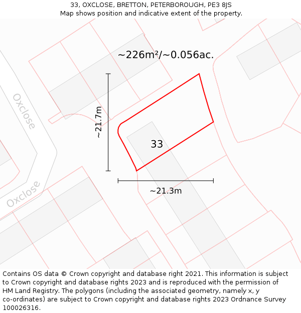 33, OXCLOSE, BRETTON, PETERBOROUGH, PE3 8JS: Plot and title map